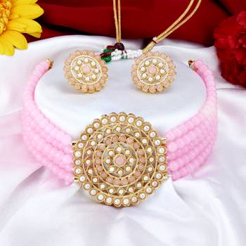 Sukkhi Classic Gold Plated Pastel Pink & White Pearl Choker Necklace Set for Women 3