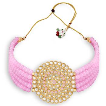 Sukkhi Classic Gold Plated Pastel Pink & White Pearl Choker Necklace Set for Women 5