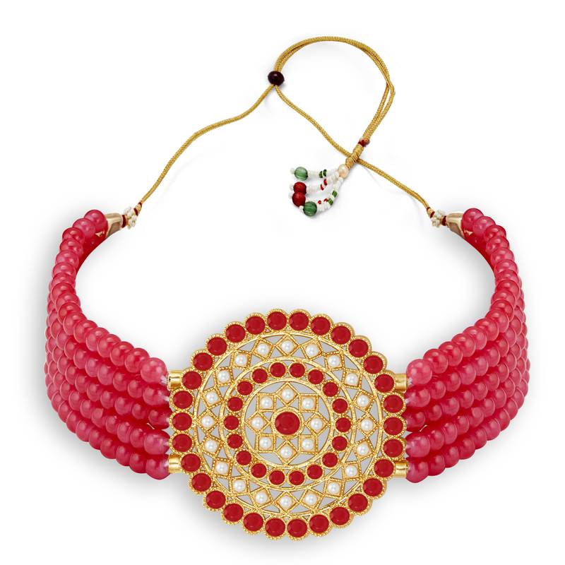 Sukkhi Eye Catchy Gold Plated Red & White Pearl Choker Necklace Set for Women