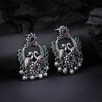 Sukkhi Classic Oxidised Floral Peacock Chandbali Earring for Women 2