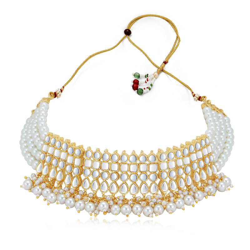 Sukkhi Stunning Kundan Gold Plated Pearl Choker Necklace Set for Women