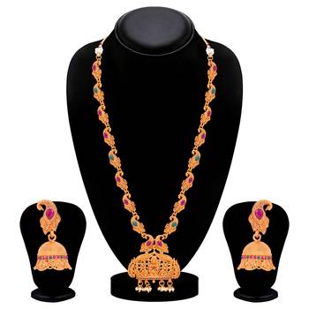 Sukkhi Adorable Gold Plated Temple Jewellery Goddess Long Haram Necklace Set for Women 4