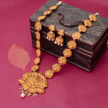 Sukkhi Classic Gold Plated Temple Jewellery Goddess Long Haram Necklace Set for Women 1