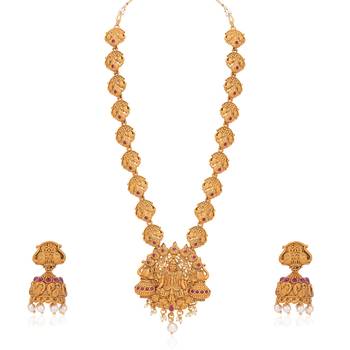 Sukkhi Classic Gold Plated Temple Jewellery Goddess Long Haram Necklace Set for Women 3