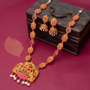 Sukkhi Exclusive Gold Plated Temple Jewellery Goddess Long Haram Necklace Set for Women 1