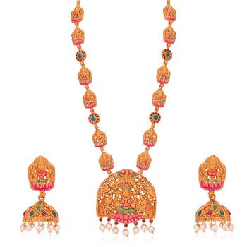 Sukkhi Exclusive Gold Plated Temple Jewellery Goddess Long Haram Necklace Set for Women 3