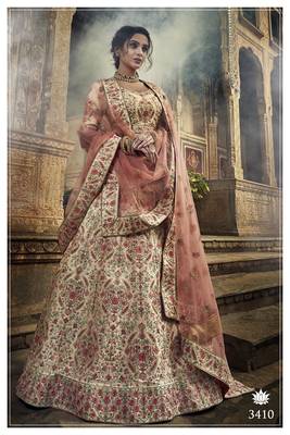 Beige embroidered art silk semi stitched lehenga 1