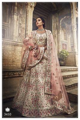 Beige embroidered art silk semi stitched lehenga 2