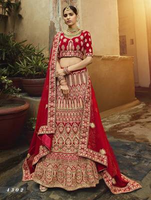 Red embroidered velvet semi stitched lehenga 1