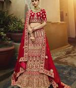 Red embroidered velvet semi stitched lehenga
