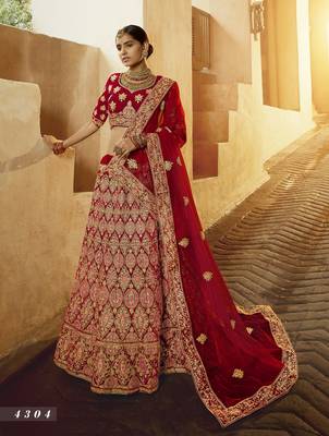 Red embroidered velvet semi stitched lehenga 1
