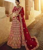 Red embroidered velvet semi stitched lehenga