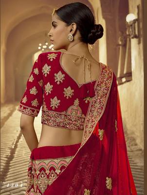 Red embroidered velvet semi stitched lehenga 4