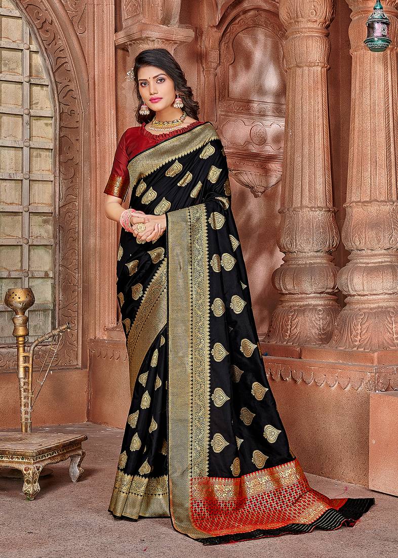 Black woven banarasi saree with blouse