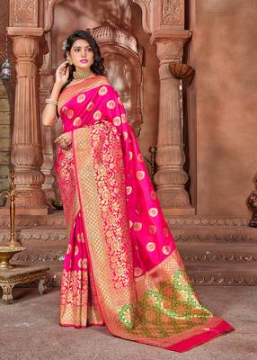 Pink woven banarasi saree with blouse 1