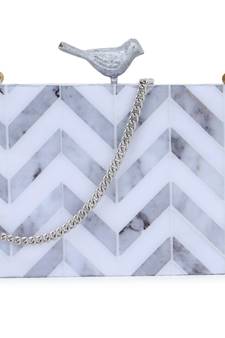 Anekaant Balk Grey & White Wood & Resin Chevron Printed Box Clutch