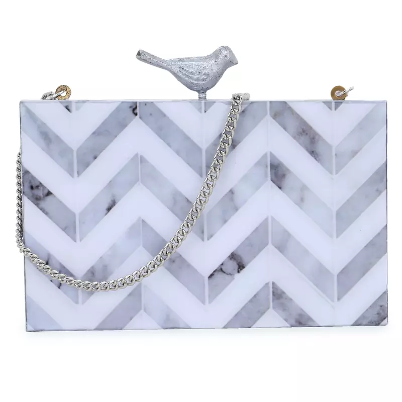 Anekaant Balk Grey & White Wood & Resin Chevron Printed Box Clutch