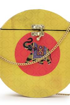 Anekaant Gala Yellow & Gold Wood & Resin Printed Box Clutch