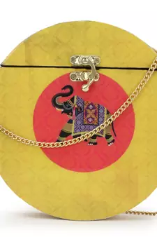 Anekaant Gala Yellow & Gold Wood & Resin Printed Box Clutch