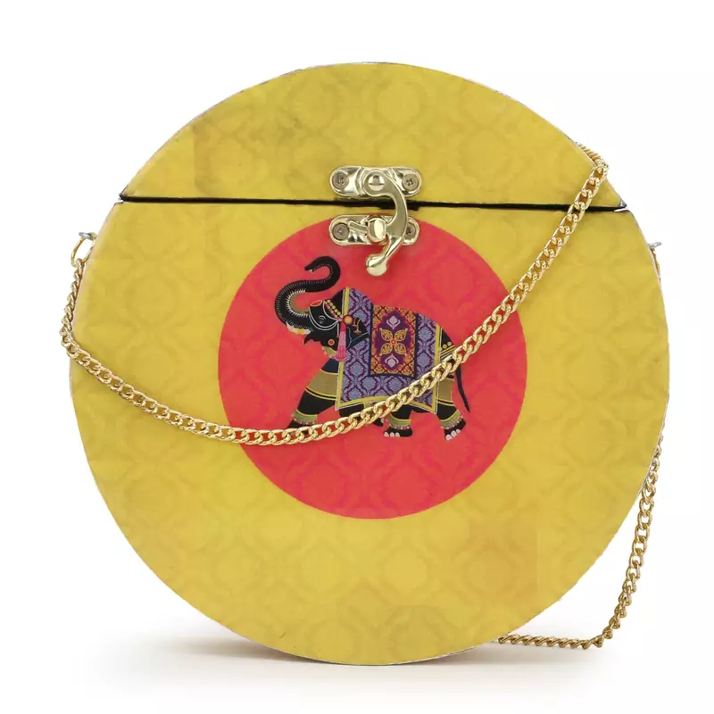 Anekaant Gala Yellow & Gold Wood & Resin Printed Box Clutch
