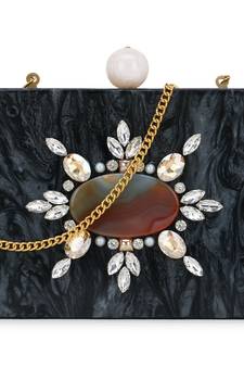 Anekaant Marble Black & Multi Wooden & Resin Marble Box Clutch