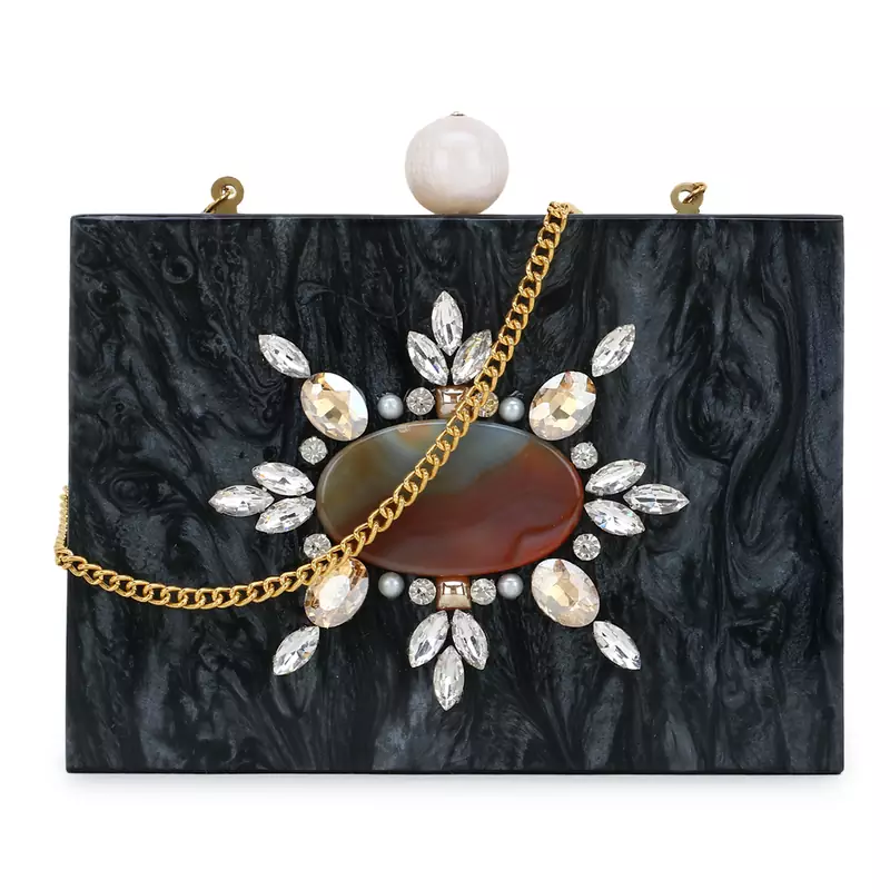 Anekaant Marble Black & Multi Wooden & Resin Marble Box Clutch