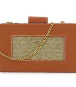 Anekaant Tulle Brown & Gold Fabric & Leatherlette Colorblocked Box Clutch