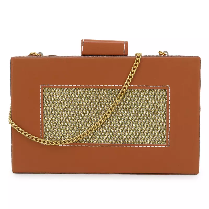 Anekaant Tulle Brown & Gold Fabric & Leatherlette Colorblocked Box Clutch