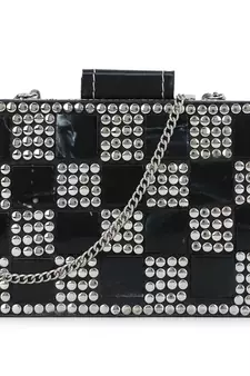 Anekaant Marble Black & Silver Metal & Fabric Checked Box Clutch