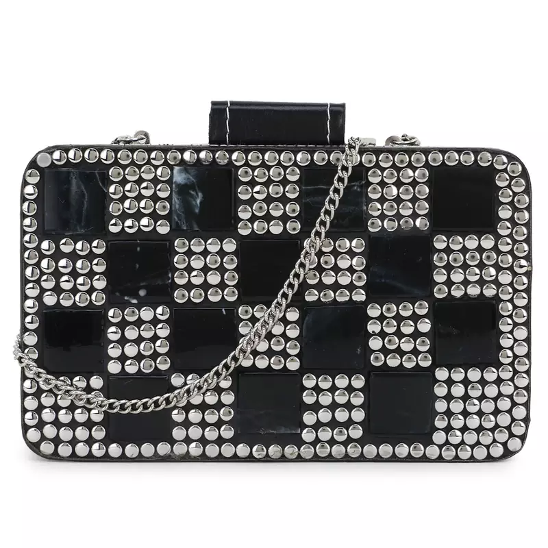 Anekaant Marble Black & Silver Metal & Fabric Checked Box Clutch