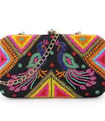 Anekaant Adorn Black & Multi Faux Silk Peacock Embellished Box Clutch