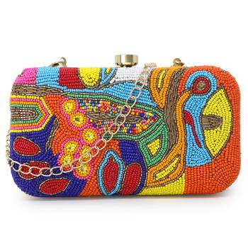 Adorn Gold & Multi Faux Silk Embellished & Embroidered Box Clutch 1