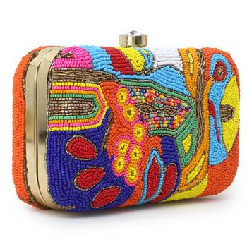 Adorn Gold & Multi Faux Silk Embellished & Embroidered Box Clutch 2