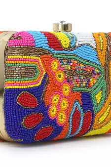 Adorn Gold & Multi Faux Silk Embellished & Embroidered Box Clutch