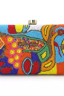 Adorn Gold & Multi Faux Silk Embellished & Embroidered Box Clutch