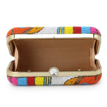 Adorn Gold & Multi Faux Silk Embellished & Embroidered Box Clutch 4