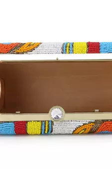 Adorn Gold & Multi Faux Silk Embellished & Embroidered Box Clutch