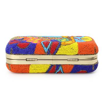 Adorn Gold & Multi Faux Silk Embellished & Embroidered Box Clutch 5