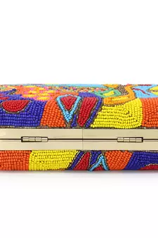 Adorn Gold & Multi Faux Silk Embellished & Embroidered Box Clutch