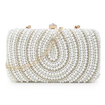 Adorn White & Gold Faux Silk Embellished Pearl Work Box Clutch 1