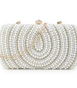 Adorn White & Gold Faux Silk Embellished Pearl Work Box Clutch