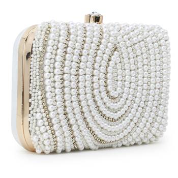 Adorn White & Gold Faux Silk Embellished Pearl Work Box Clutch 2