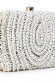 Adorn White & Gold Faux Silk Embellished Pearl Work Box Clutch
