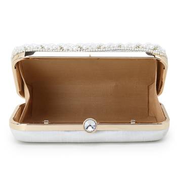 Adorn White & Gold Faux Silk Embellished Pearl Work Box Clutch 4