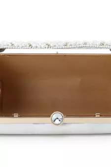 Adorn White & Gold Faux Silk Embellished Pearl Work Box Clutch