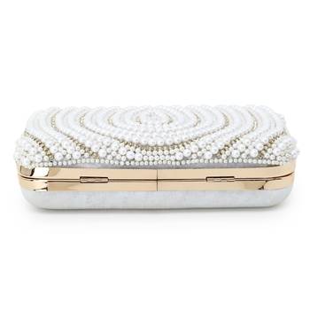 Adorn White & Gold Faux Silk Embellished Pearl Work Box Clutch 5