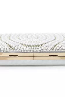Adorn White & Gold Faux Silk Embellished Pearl Work Box Clutch