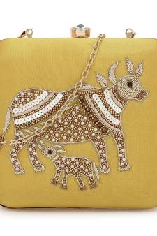 Anekaant Vista Yellow & Gold Faux Silk Quirky Embellished Box Clutch