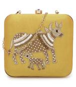 Anekaant Vista Yellow & Gold Faux Silk Quirky Embellished Box Clutch