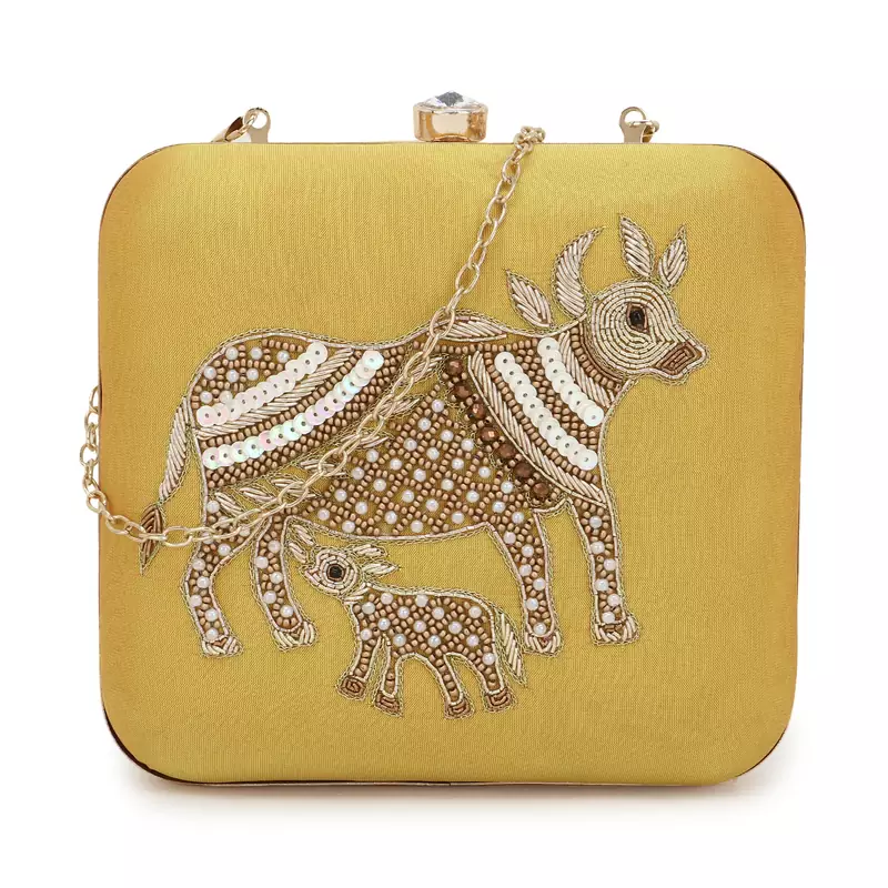 Anekaant Vista Yellow & Gold Faux Silk Quirky Embellished Box Clutch